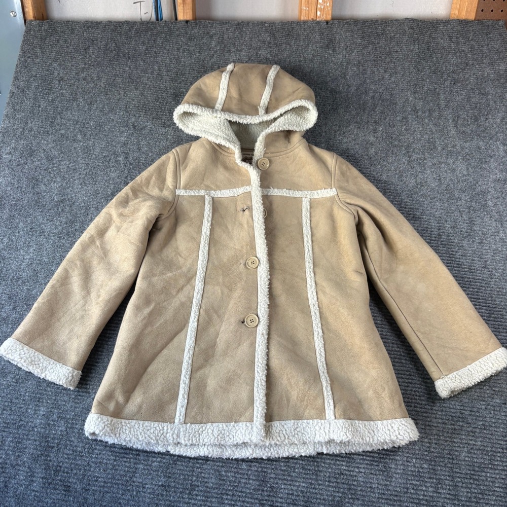 Route 66 Girls Tan Faux Suede Shearling Hooded Coat Jacket Size 10/12 4492